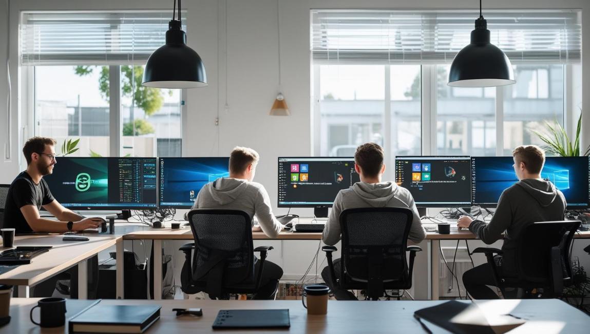 Indie game studio developers working on multiple computers in bright collaborative office.