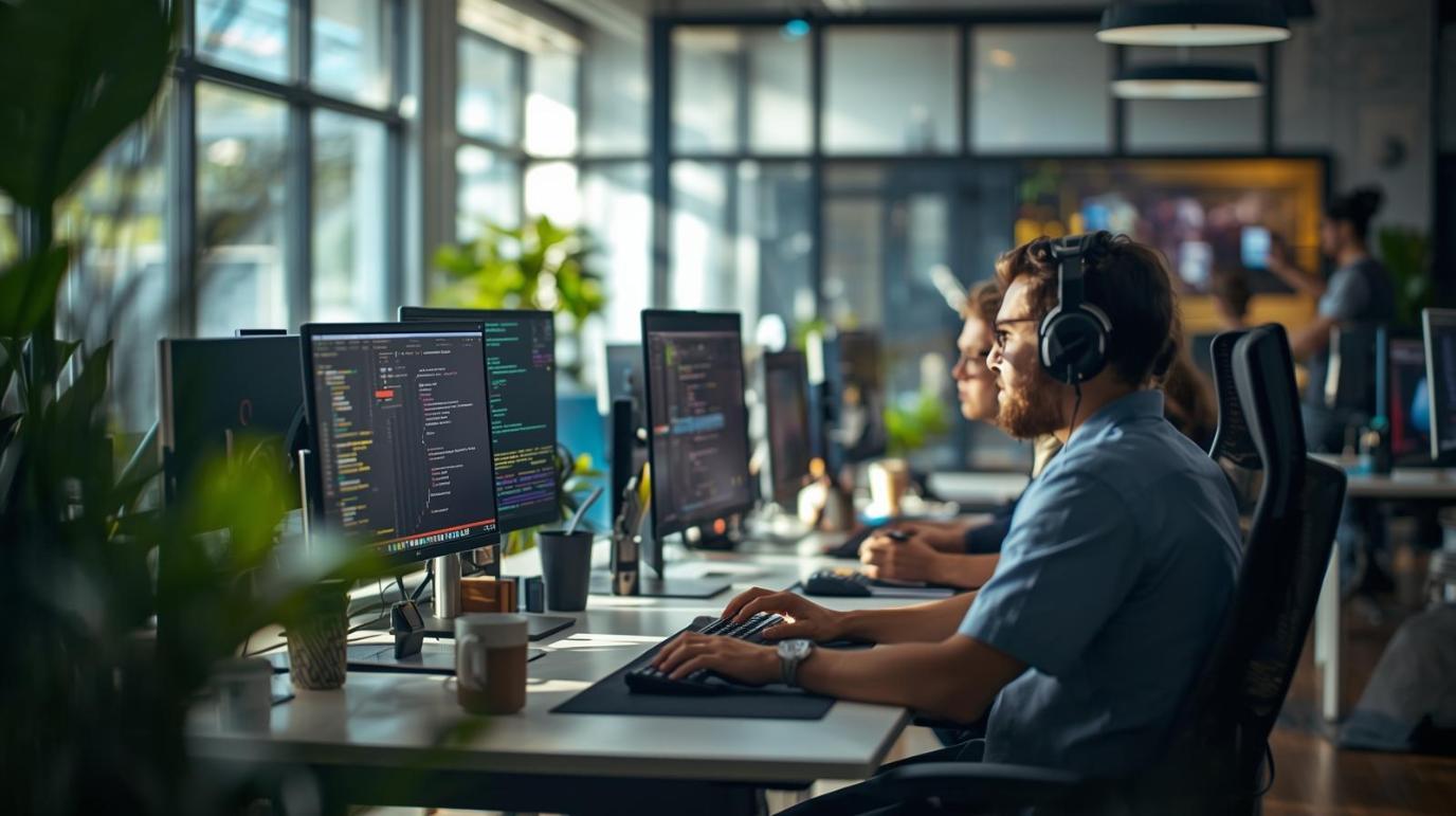 Developers collaborate in bright studio with laptops, blurred screens, and natural light.