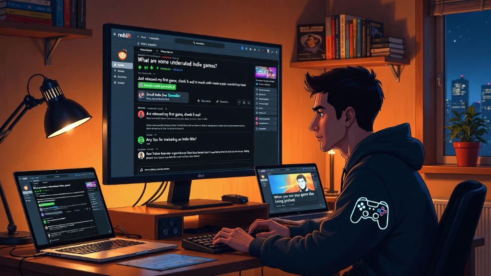 Indie game developer interacting with a lively Reddit gaming community