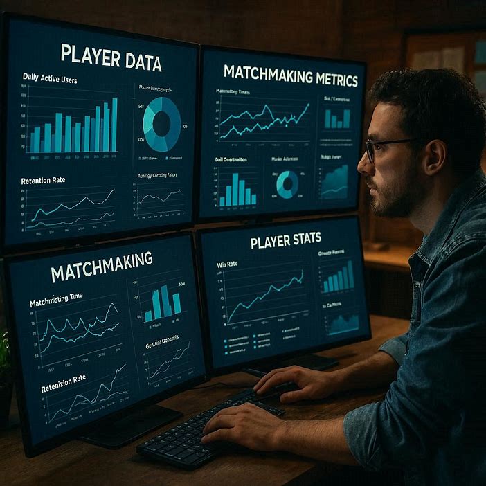 Game developer analyzing player data and matchmaking metrics on screens