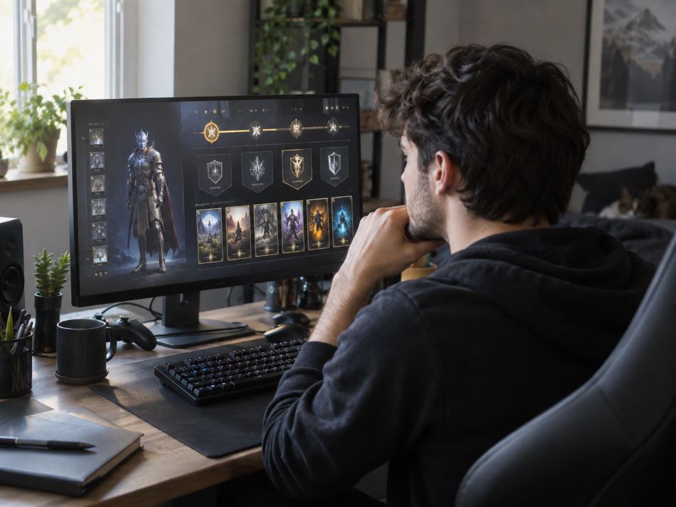 young adult gamer reviewing character progression